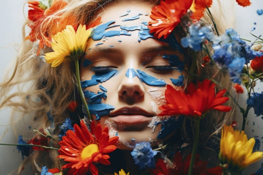 Double exposure portrait of a woman with vibrant spring flowers superimposed on her face