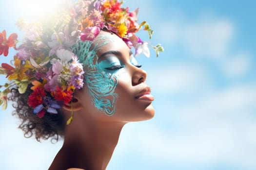 Double exposure of woman with bright spring flowers on face for seasonal design concept