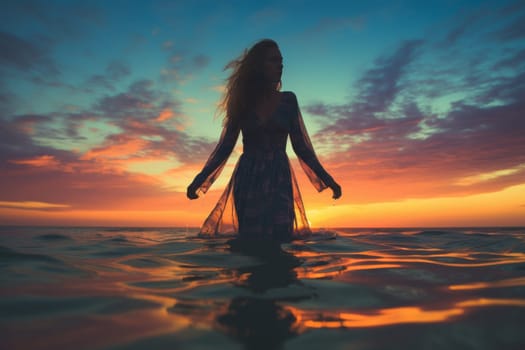 Woman silhouette and stunning ocean sunset double exposure - unique photography concept