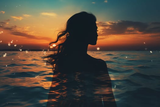 Double exposure of womans silhouette walking on beach against stunning ocean sunset background