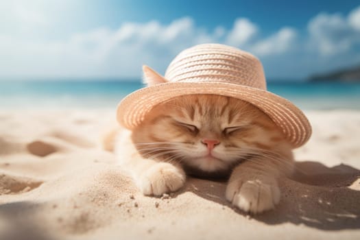 Funny cat in straw hat lying on sunny beach, relaxing on a summer day