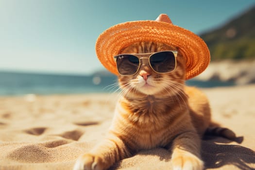 Funny cat in hat and sunglasses on sandy beach in sunny summer day - relaxation and vacation concept