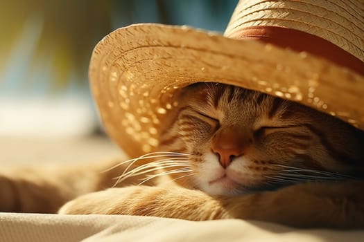 Funny cat in hat relaxing on sunny beach - summer vacation concept