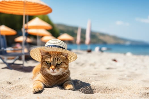 Funny cat in hat on beach, sunny summer day - recreation and vacation concept