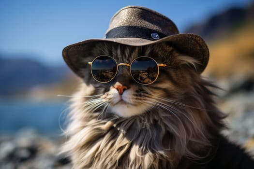 Funny cat in hat and sunglasses relaxing on sandy beach on sunny summer day, vacation concept