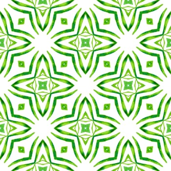 Tiled watercolor background. Green terrific boho chic summer design. Textile ready pleasant print, swimwear fabric, wallpaper, wrapping. Hand painted tiled watercolor border.