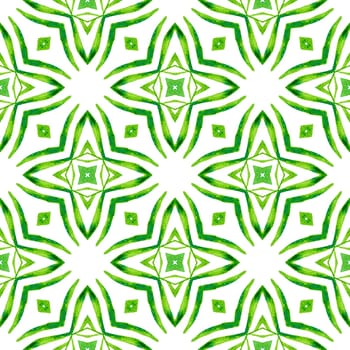 Tiled watercolor background. Green terrific boho chic summer design. Textile ready pleasant print, swimwear fabric, wallpaper, wrapping. Hand painted tiled watercolor border.