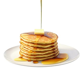 Pancakes stack in glass dish maple syrup pouring butter melting Food and Culinary concept. Food isolated on transparent background.