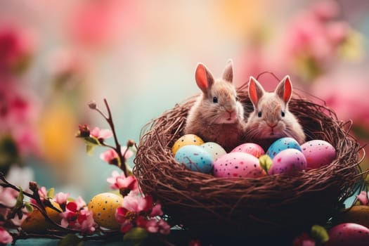 Colorful easter eggs, adorable rabbits, and earrings in a nest on a table with light background