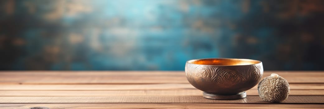 Antique singing bowl on rustic table. create a calm and serene meditation space with vintage vibes
