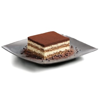 Tiramisu with cocoa powder dusting and coffee splash in background Food and culinary concept. Food isolated on transparent background.