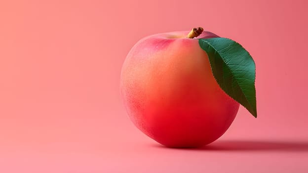 A peach, an accessory fruit, with a green leaf, symbolizing a flowering plant, on a pink background. A beautiful representation of natural foods and tints and shades
