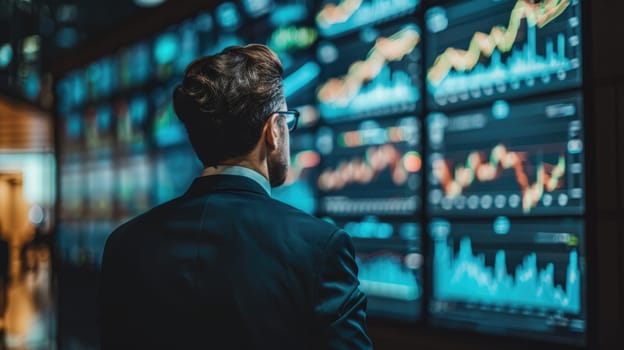 A man in a suit is looking at a computer screen with many graphs and numbers. The man is focused and attentive, possibly analyzing the data on the screen. Concept of professionalism and concentration