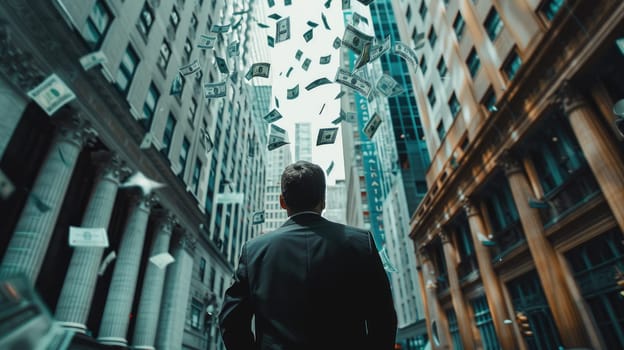 A man in a suit is walking down a city street with money falling from the sky. The scene is chaotic and disordered, with the man looking up at the money raining down on him. Scene is one of confusion