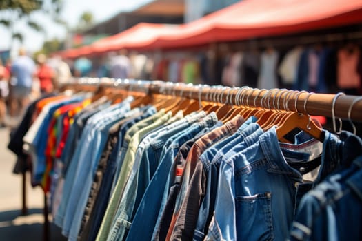 Assortment of colorful clothes displayed on clothing rack at lively street market for shoppers