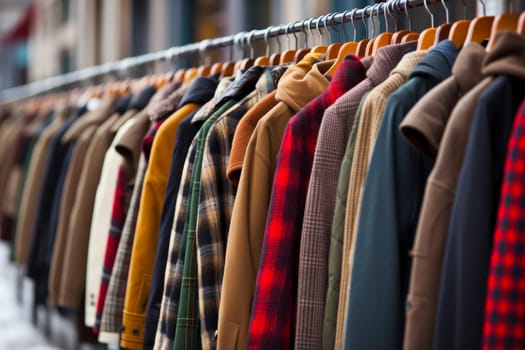 Diverse selection of fashionable clothes displayed on a street market clothing rack