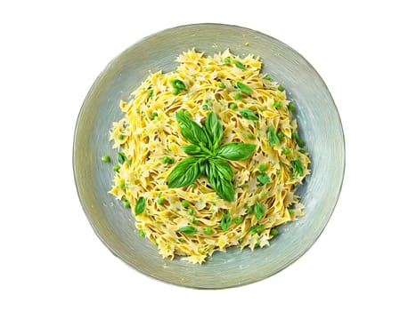 Spring pasta fettuccine with peas lemon and tarragon served on a transparent glass dish light. Food isolated on transparent background.