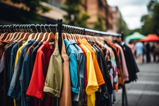 Assorted array of colorful clothes hanging on display rack at bustling street market