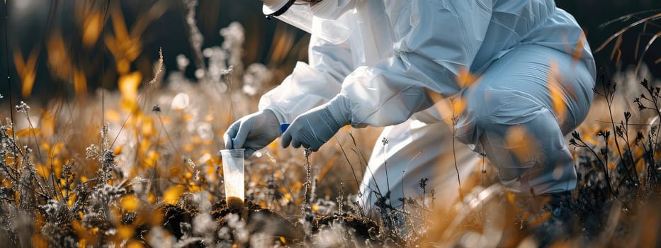 A man in a protective suit takes soil samples. Selective focus. Nature.