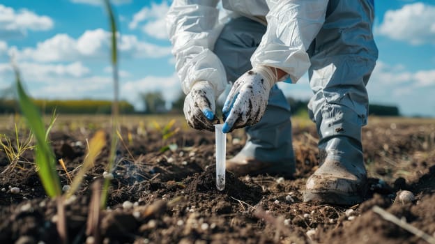 A man in a protective suit takes soil samples. Selective focus. Nature.