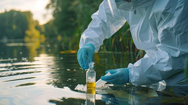 Water samples in test tubes on a pond. Selective focus. Nature.