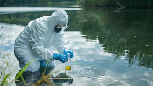 Water samples in test tubes on a pond. Selective focus. Nature.