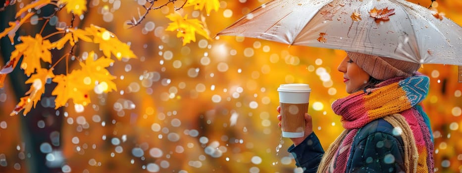 A woman drinks coffee in an autumn park. Selective focus. drinks.