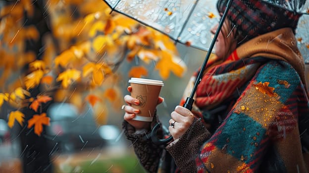 A woman drinks coffee in an autumn park. Selective focus. drinks.