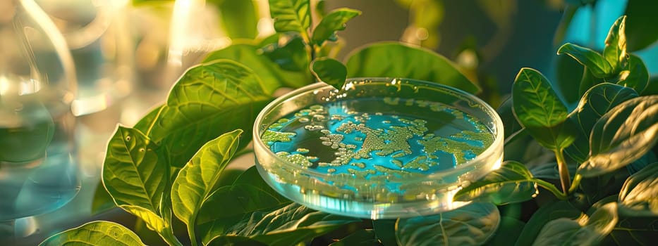 Petri dish with bacteria on a background of green leaves. Selective focus. Nature.