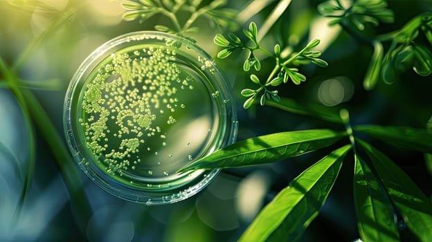 Petri dish with bacteria on a background of green leaves. Selective focus. Nature.