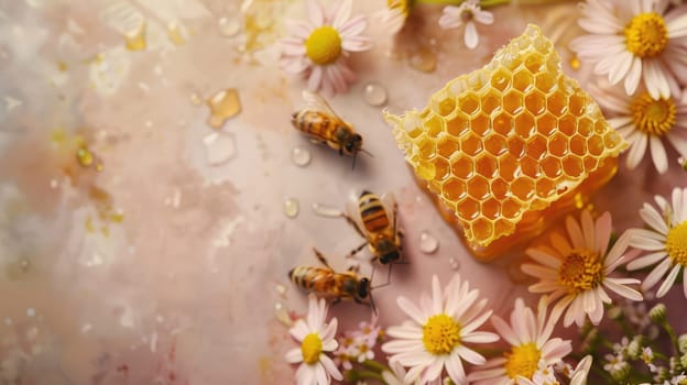 Honey with honeycombs and flowers. Selective focus. Nature.