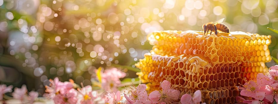 Honey with honeycombs and flowers. Selective focus. Nature.