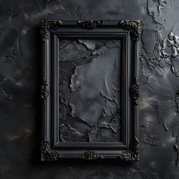 A rectangular grey picture frame made of wood and metal is hanging on a dark wall. The frame is adorned with twigs, creating a creative arts display of tints and shades behind the glass
