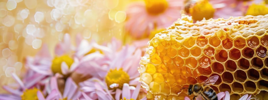 Honey with honeycombs and flowers. Selective focus. Nature.