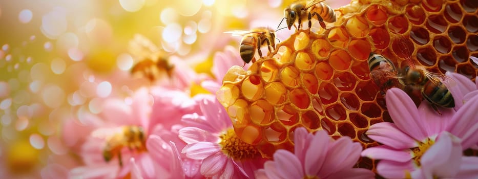 Honey with honeycombs and flowers. Selective focus. Nature.