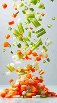 Chopped vegetables are cascading into a colorful pile on a wooden table, ready to be used as ingredients in a delicious and nutritious recipe