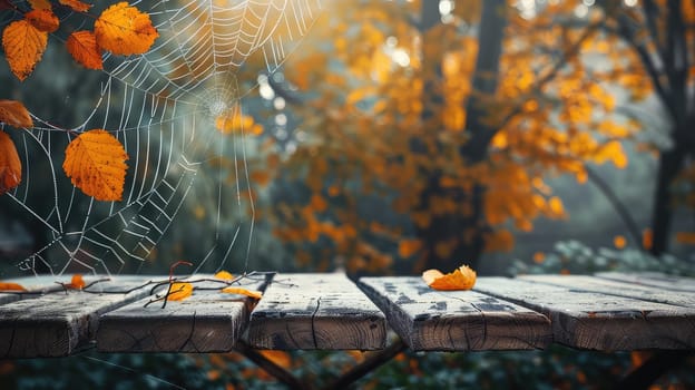 Wooden table in the autumn park. Selective focus. Nature.