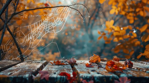 Wooden table in the autumn park. Selective focus. Nature.