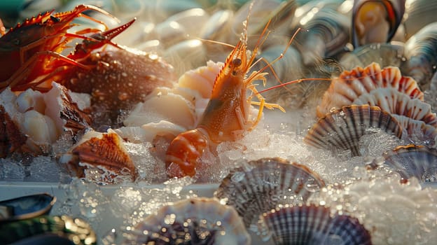 Various seafood on ice. Selective focus. Food.