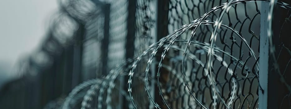 Mesh fence with barbed wire. Selective focus. Nature.