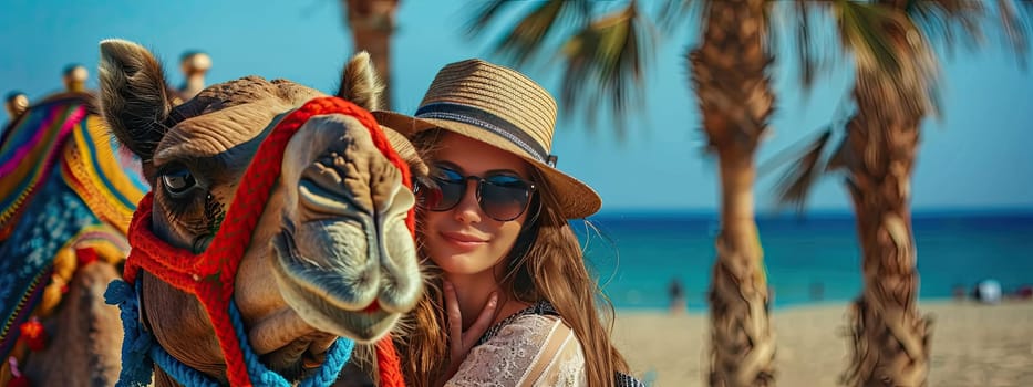 A tourist hugs a camel on the beach. Selective focus. travel.