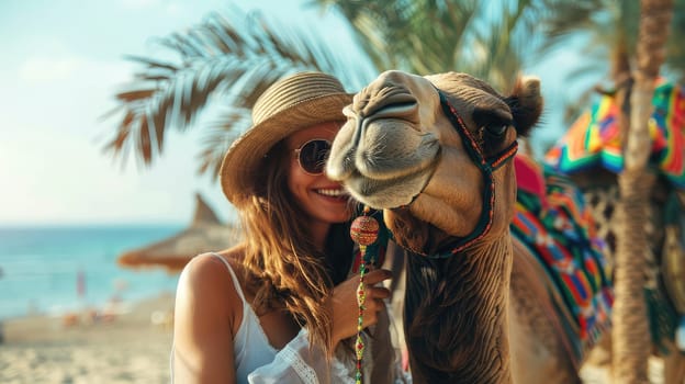 A tourist hugs a camel on the beach. Selective focus. travel.