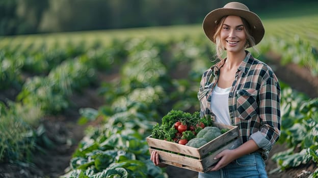 Woman farmer with vegetables in the field. Selective focus. Nature.