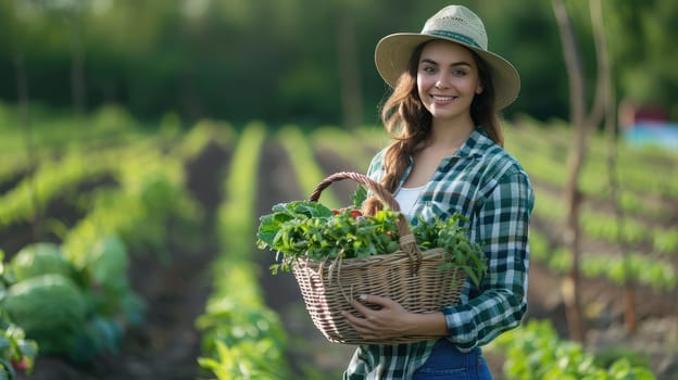 Woman farmer with vegetables in the field. Selective focus. Nature.