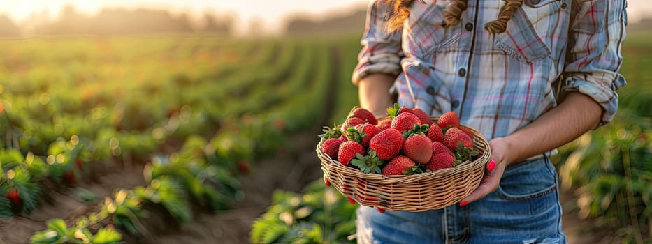 Woman farmer with strawberries in the field. Selective focus. food.