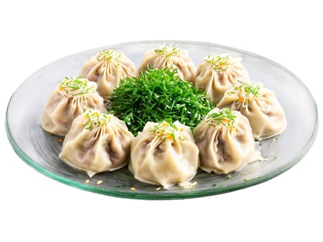 Dumplings steamed pork and chive served on a transparent glass plate Asian comfort food. Food isolated on transparent background.