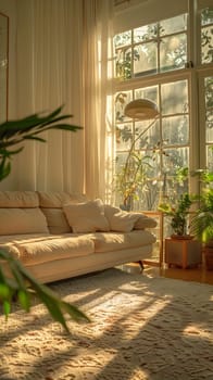 A cozy living room with a plush couch, wooden interior design, and a large window letting in sunlight. A potted plant adds a touch of nature and comfort to the space