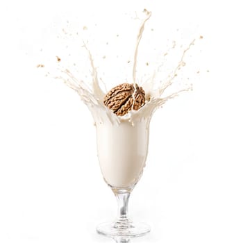 Walnut milk splash nutty and creamy splashing out of a glass with whole walnuts flying. Food isolated on transparent background.