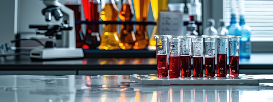 Test tubes on the background of a microscope in the laboratory. Selective focus. Medicine.