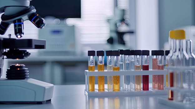 Test tubes on the background of a microscope in the laboratory. Selective focus. Medicine.